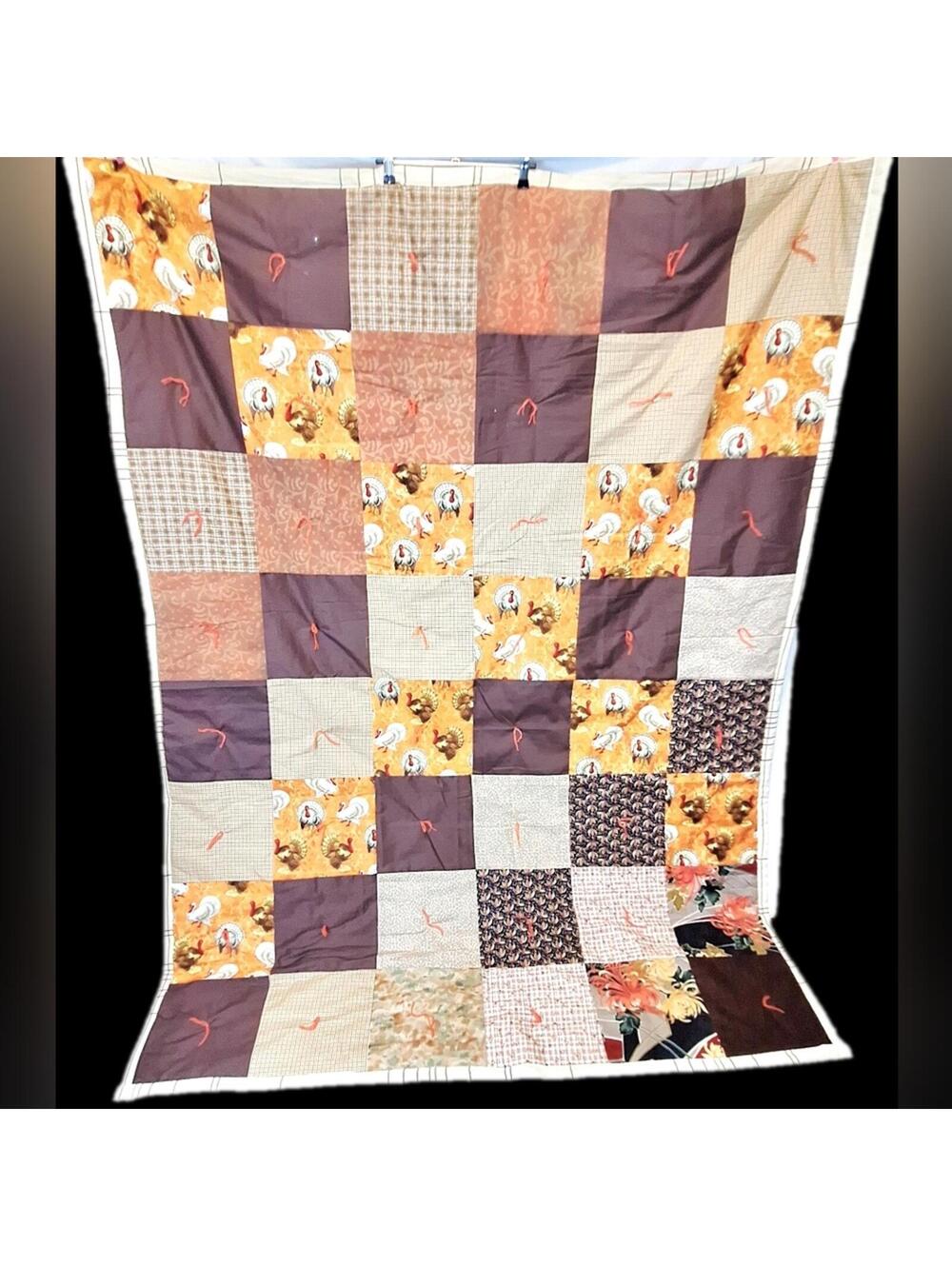 NEW Hand-Sewn Autumn Thanksgiving Turkey Patchwork Tie Quilt - 48" x 60"
